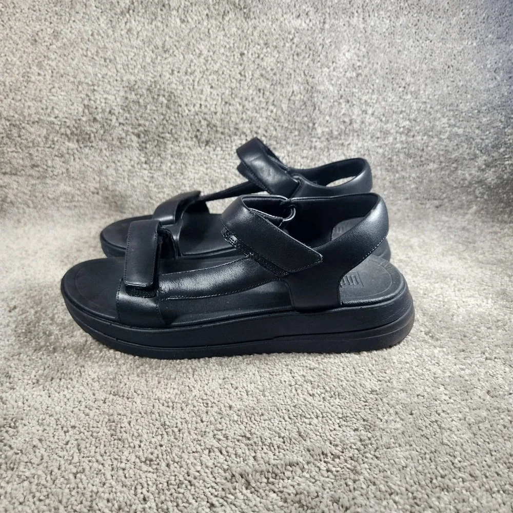 FitFlop Surff Adjustable Leather Back-Strap Sandals Black Womens 10